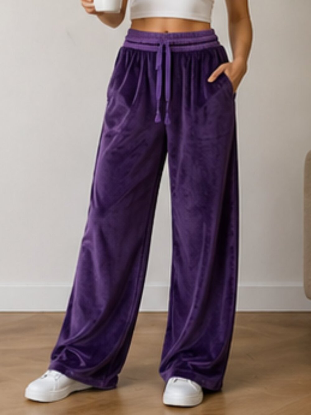 Purple Velour Wide Leg Pants High Waist Drawstring Lounge